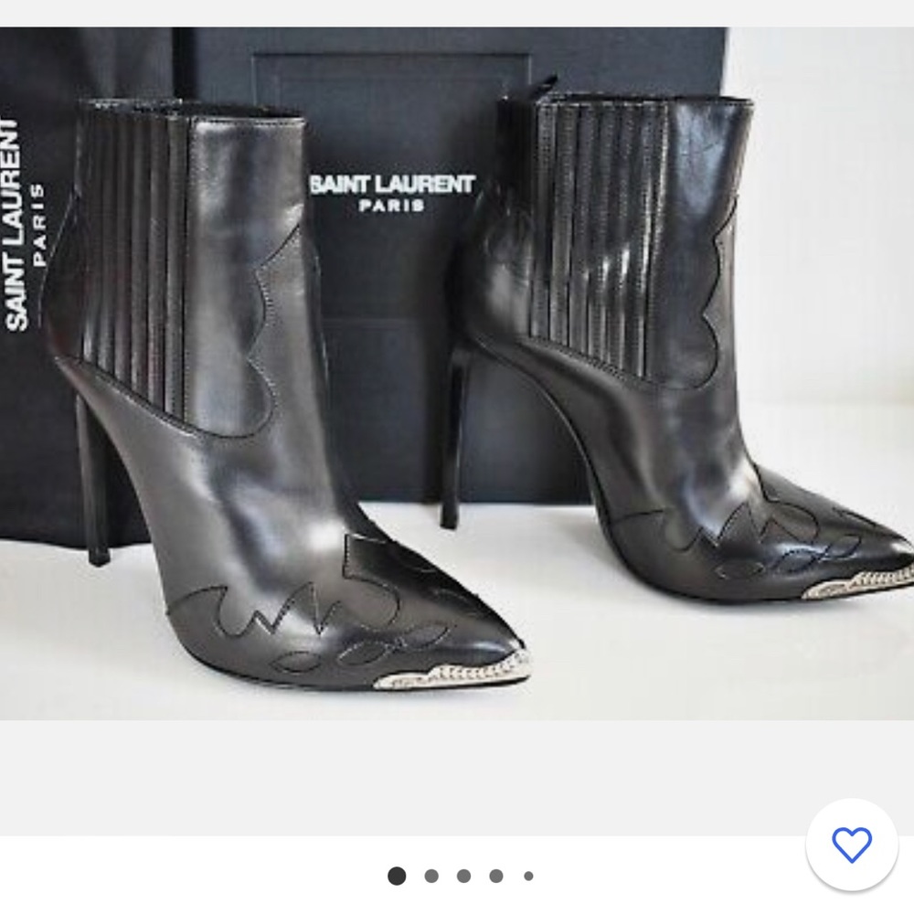 Saint Laurent Black leather western stiletto bootie with chrome tip. Size 40.